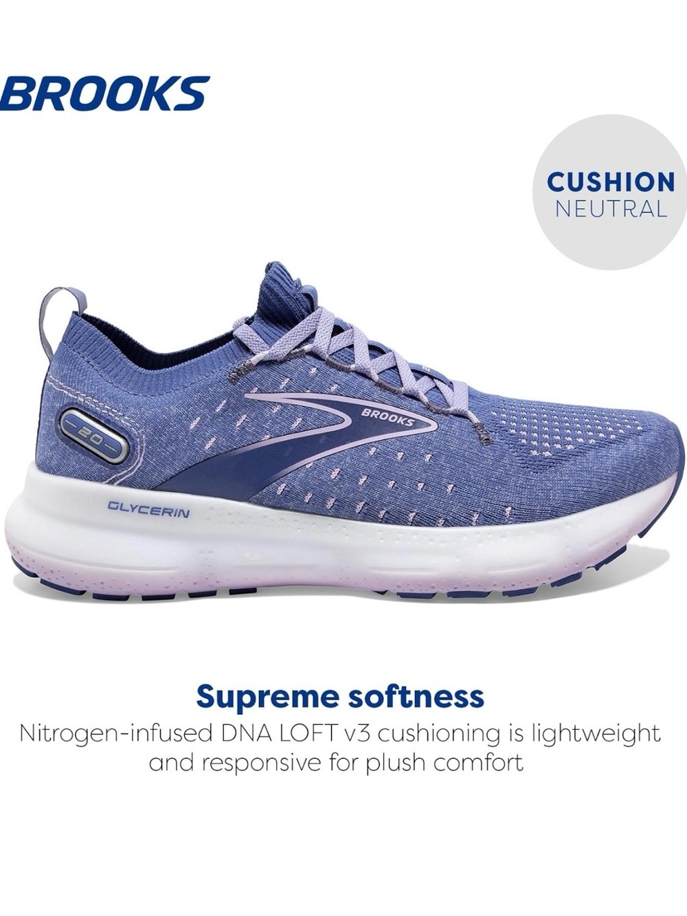 Brooks women’s glycerin stealthfit 20 neutral running shoe blue lilac white 6